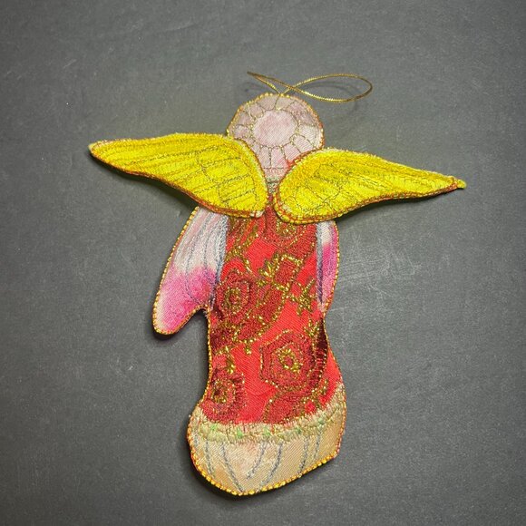 Vintage Embroidered Silk Angel Playing a Lute Instrument Christmas Ornament 6" - Picture 4 of 4